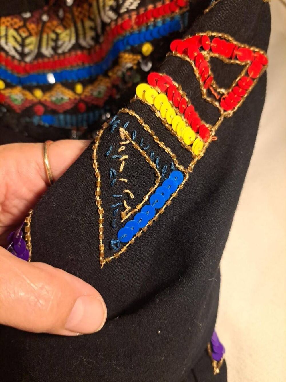 Vintage 80s MODI Sequin Beaded Jacket Size 8-10 Black Multicolor Geometric Cropp - Picture 7 of 8